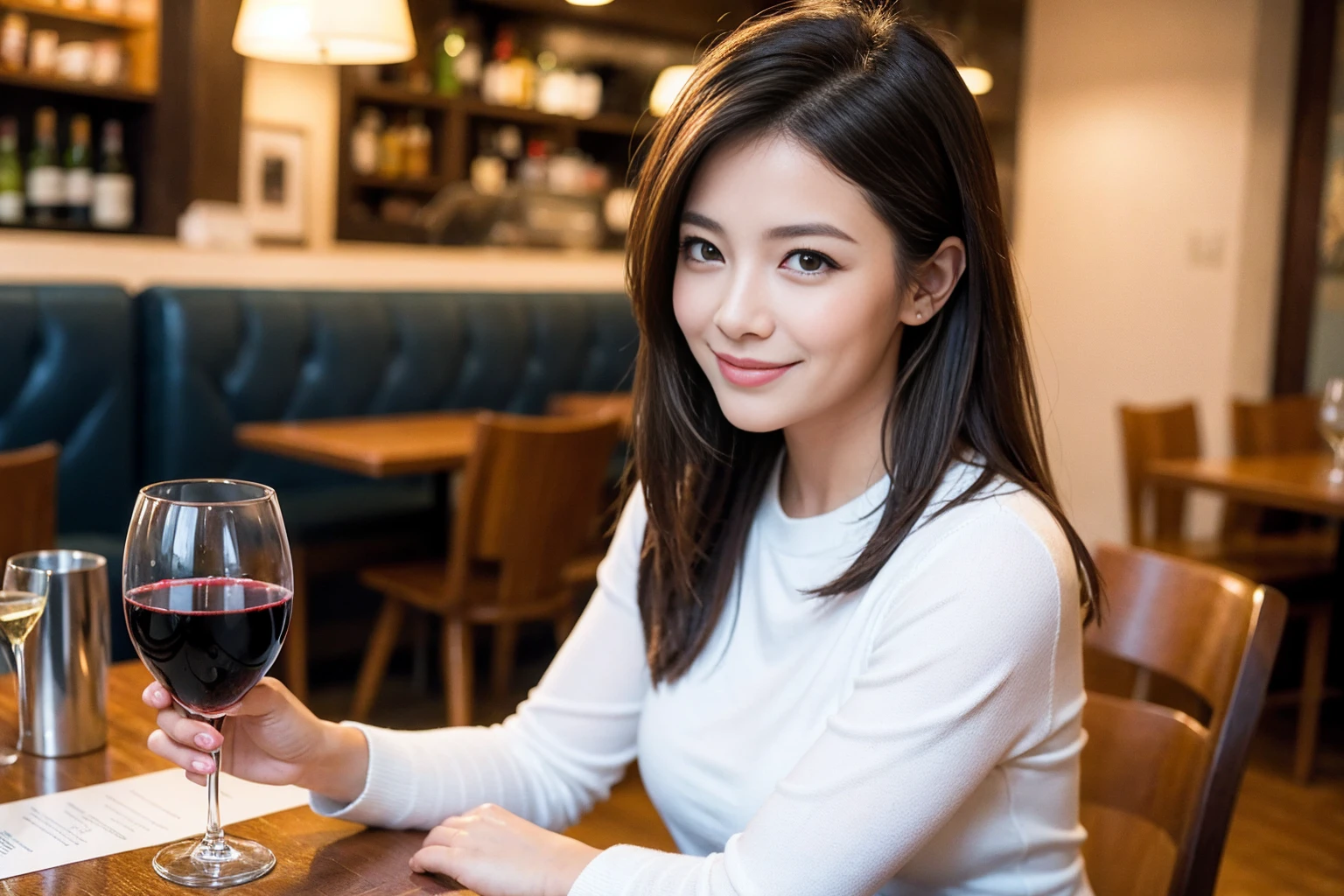 ((Highest quality、8K、masterpiece:1.3))、1 male、1 woman who resembles Satomi Ishihara、Couple、spouse、Couple、The body is slim、((Bob Hale、Straight hair:1.2)), (Realistic, Intricate details:1.2), テーブルの上のwine glass、Shine light on your face、 Amazing view of the sunset sky and clouds、Amazing mountain views、A bright smile、The wonderfulness of smile、Bright image、The beauty of wine, Beautiful Face, blue eyes, The light shines on your face, Blushing, short hair,Bright Face、42 years old), 39 years old, red wine 、Appetizers、Italian food、Wine bottle、Champagne、sparkling wine、Two beauties、Brown Hair、Shortcuts、Long sleeve shirt、dress、Beautiful woman 1, (slimな顔), (The body is slim), (Brown Hair), (Shortcuts), cheeks turn a little red,Attractive beauty、restaurant, In a prominent place (From the waist up) Nova Frog Style, actress, model, Upper Body, White wine, slim, wine glass, 中央に置かれたwine glass, smile, (smile: 1.15), Beautiful fine grain, Depth f/2,saturation, High Contrast, Strong light and shadow,Moist Body:1.5、3D texture、Delicate eyes、Brown Hair、The hair is very shiny、