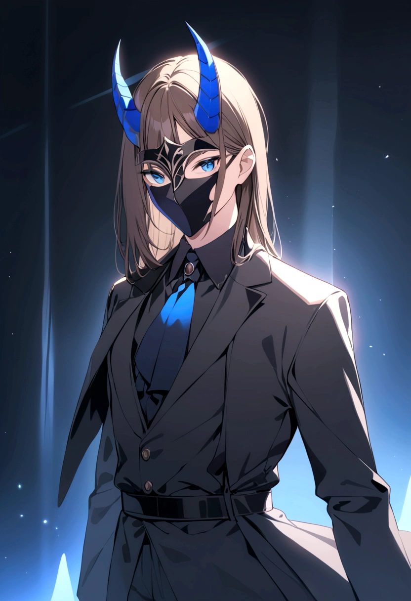 (man in half mask)(blue color)(blue eyes) brown hair)(blue horns)(Dressed in black)
