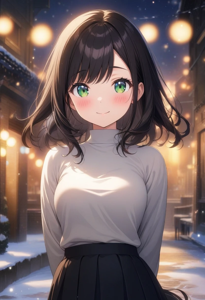 1girl, yabuki_kentarou:1.5, solo, official art, black hair, green eyes, smile, attractive, looking at viewer, pony tail, side bangs, medium breasts, black pleated skirt, white shirt, hands behind back, raised eyebrows, expressive, smile, outdoors, scenery, best quality, masterpiece, (very aesthetic, best quality, ultra detailed), light particles, snow, moonlight, street, blush, swept_bangs, close-up, straight-on, light particles, centered, bokeh background, style, highres

