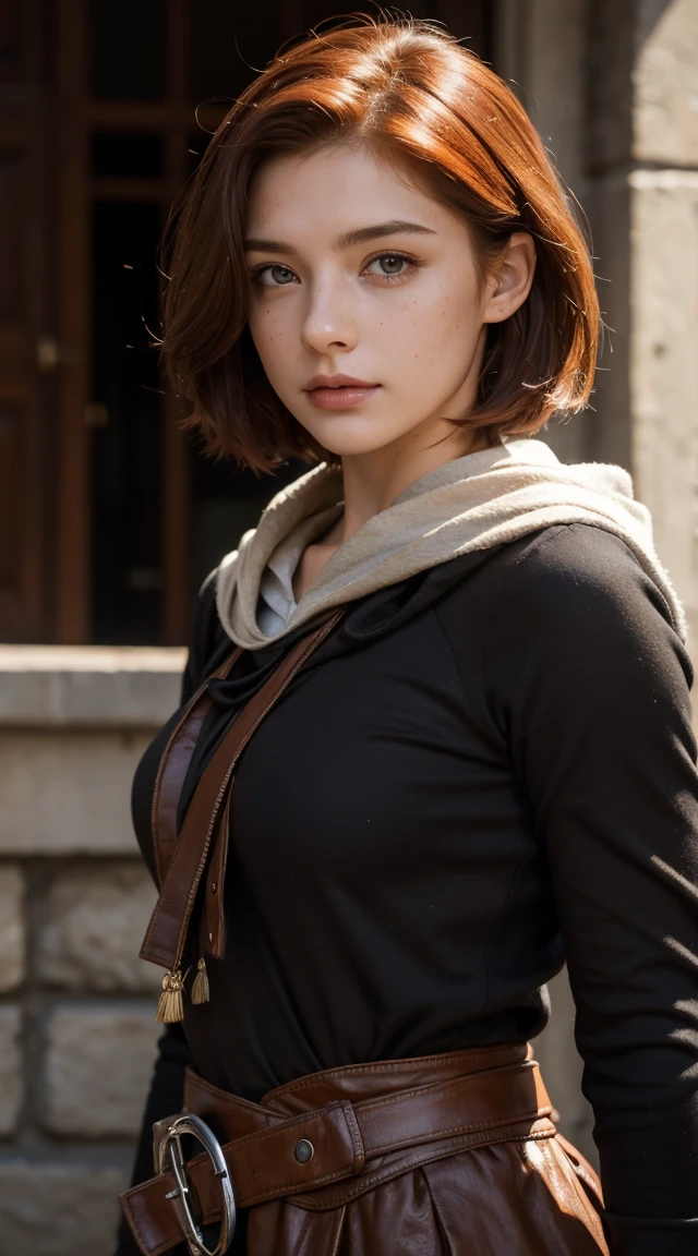 (realistic oil painting, Image up to the waist, 20-year-old princess, Englishman, black eyes, Vibrant appearance, Redhead, short hair), Ezio Auditore Tunic, Hooded, black, brown, red detail, Decorations, Freckles 10% of the zygomatic bones, Perfect Face, Critical Camera, Blurred Background, Warm Light, Garment Details, Strong leftovers, Mystery Pose