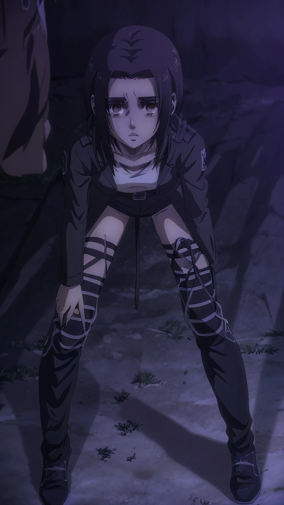 Make a girl tall 6'2,Hair black mix Brown,Eyes color Havel, Skin pale, Survey Corps shirt and pants season 4,Odm gear modern anime grab sword, and eyes bags ,Wall maria background 
, Paradise girl 