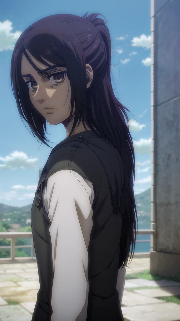 Make a girl tall 6'2,Hair black mix Brown,Eyes color Havel, Skin pale, Survey Corps shirt and pants season 4,Odm gear modern anime grab sword, and eyes bags ,Wall maria background 
, Paradise girl 