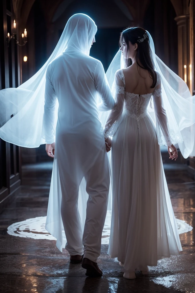 An image with a couple sharing sides, place the image of the woman transparent, representing a ghost.
Add a romantic background.