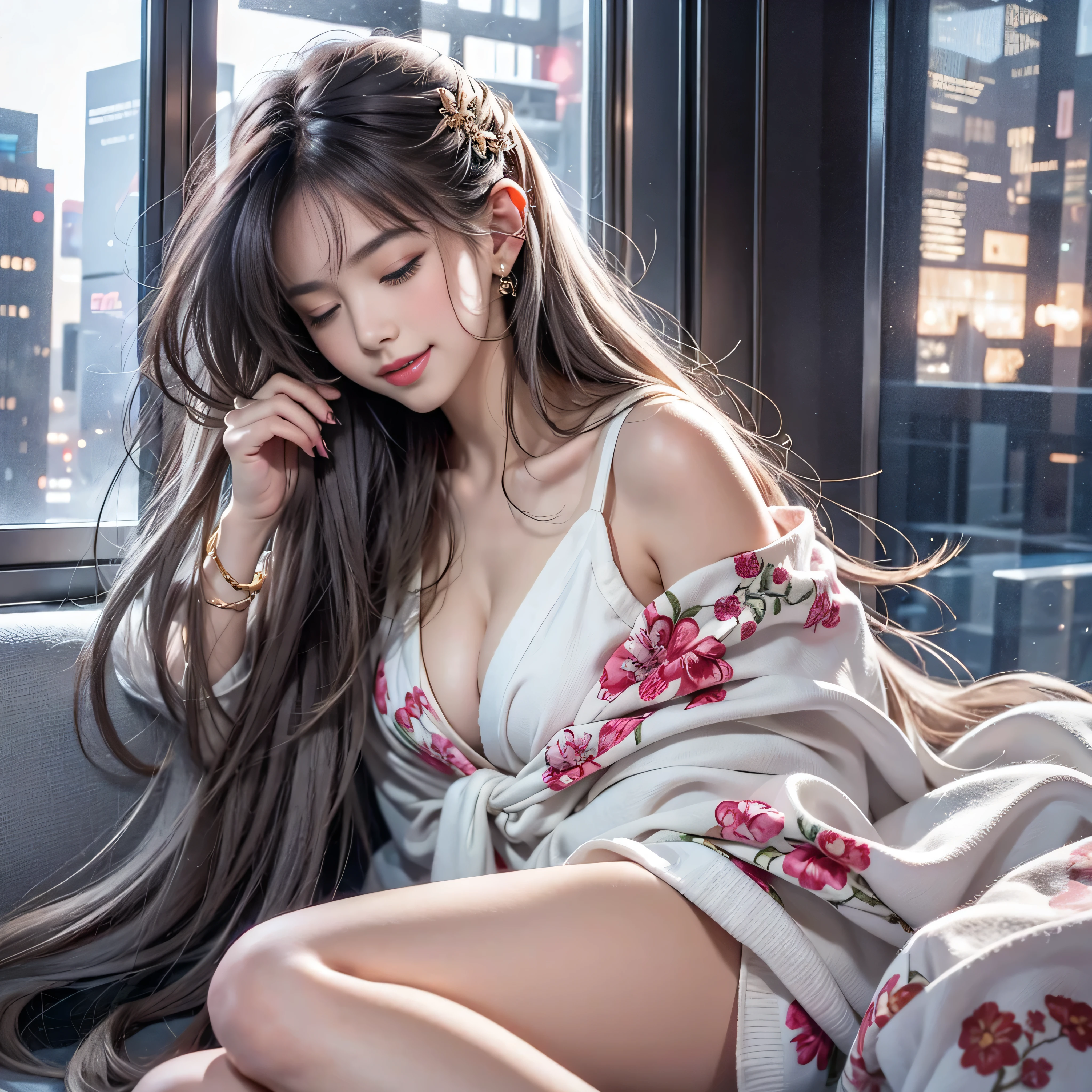 （(Girl lying on the bed in the office))、Beauty、 One Girl、alone、Long Hair、Viewer、smile、（Eyes closed)、hair ornaments、、gem、Gray Hair、Shut your mouth、Blunt banganicure、bracelet、lips、Grey Eyes、Portraiture、Red nails、close、赤いlips、Put your hands on your face、Place your hand on your cheek、()、(Shiny skin)、((Skyscrapers are hazy outside the window))、(Off-shoulder white dress with floral pattern),),((Girl sleeping with legs slightly apart)),(Leg spread),((White panties are visible)),（Lift-up skirt)、((holding a wine glass)),
