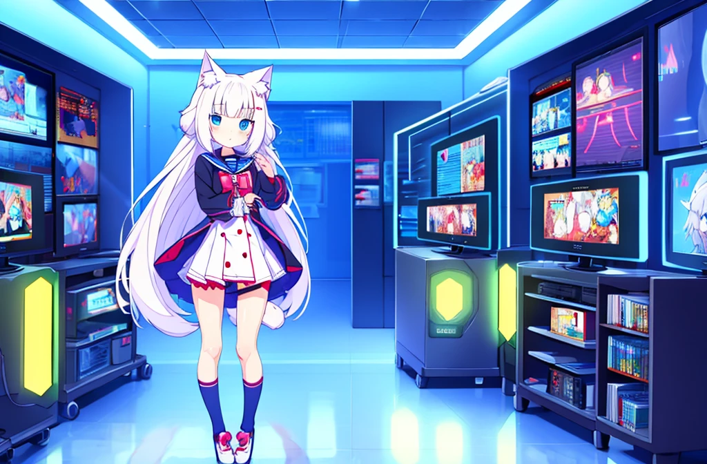 1 beautiful girl, great image quality ,nekomimi, with lots of detail, ray tracing, in a gaming,outfit anime, long stockings, blue eyes, white hair, , in a neon room, PC gaming, perfect anatomy, full body. Show panties 