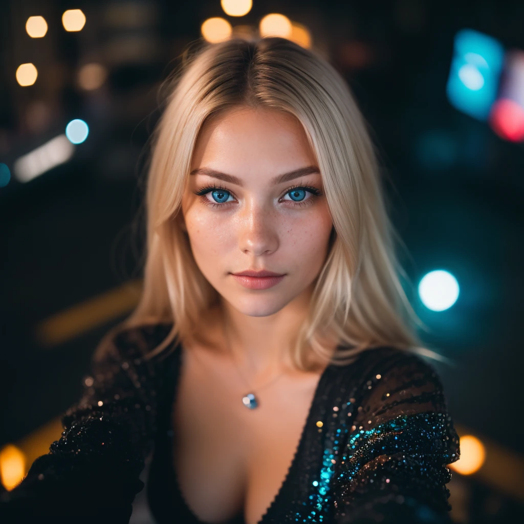 (selfie, top view: 1.4), (straight half of the body: 1.4), RAW UHD portrait photo of a 24-year-old blonde (blue-eyed woman) walking down a dark alley, large breasts,, city at night, (lingere), (neckline), details (textures! , hair! , glitter, color!! , disadvantages: 1.1), glossy eyes with high detail (looking at the camera), SLR lighting, SLR camera, ultra-quality, sharpness, depth of field, film grain (center), Fujifilm XT3, crystal clear, frame center, beautiful face, sharp focus, street lamp, neon lighting, bokeh (dimly lit), night, (night sky), detailed skin pores, oily skin, sunburn, complex eye details, full body