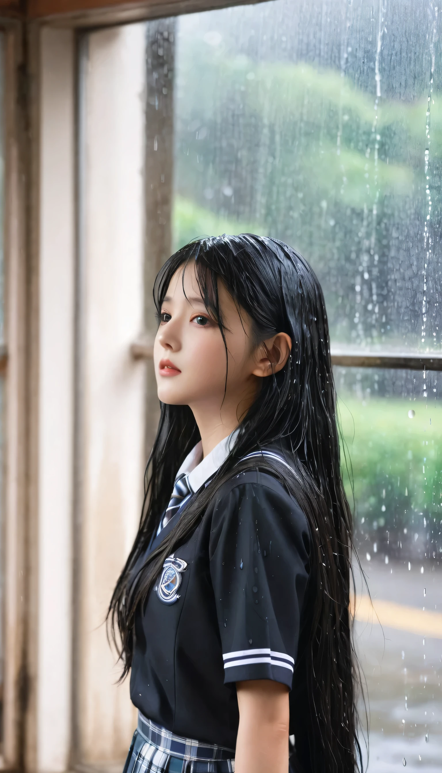 1girl, long black hair,schoolgirl uniform, shy, blush, wet, rain, transparent, (masterpiece, best quality), soft light, cinematic composition, cinematic light