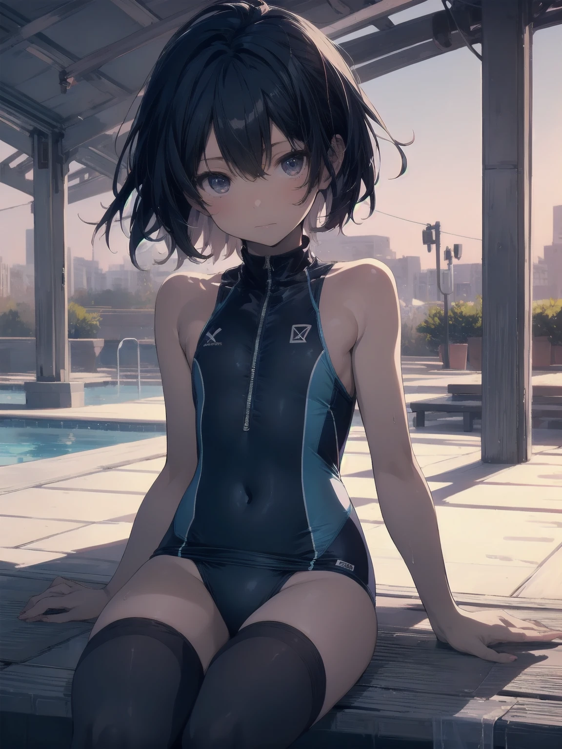 ultra-Top-quality by art God, ultra-detailed, high resolution, shinkai makoto style, anime moe artstyle, best anime 8k konachan wallpaper, pixiv contest winner, perfect anatomy, break,(Please draw a picture of a girl in a swimsuit sitting sleepily on a bench by the poolside alone.),break, a hyperrealistic school girl, (Solo,ta, kid, 13-year-old:1.3),Full limbs, complete fingers, androgynous charm, (very short hair), wet hair, small round chest,slender body, Small butt, groin, Small black eyes,hanme,beautiful detailed eyes, well-proportioned iris and pupils, sleepy eyes, highres detailed hair, swimsuit, wet swimsuit, bare shoulders, thighs, in the school pool. break,super detailed skin, shiny skin, Best lighting powered by famous artist, 8k, illustration,UHD, textured skin,break,((artist:saiguchi_otoufu )), artist:clamp ,artist:carnelian ,artist:kantoku ,