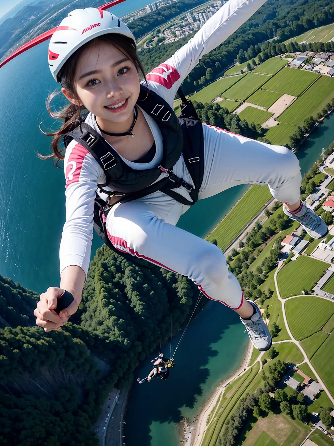 Beautiful 24 Years Korean Girl, Paragliding On switzerland alaps valley, ((On air)), ((Paragliding)), Solo, Air, Realistic, Ultra HD, 8k unity walpaper, Ray Tracing, Beautiful smile, (smile:1.2), (sports bra), (pink jeans), detailed background, Detailed skin, detailed dress , (Detailed paragliding), Real Paragliding, Landing time, Touching ground when landing paragliding, Low height on air, Pose jumping from a height, from below:1.3,(((1 girl)))