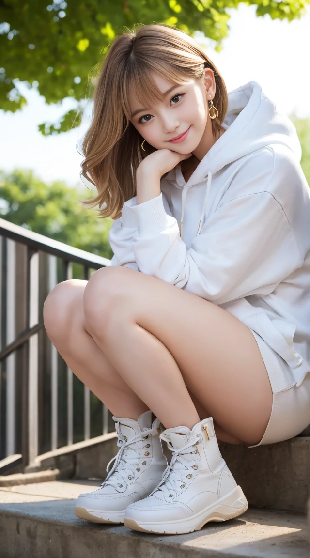 flying debris、Highest quality、An illustration、Highest quality、Understood、High resolution、8k wallpaper、Perfect dynamic composition、(((Ezvian Everywhere)))、((From below))、Beautiful and cute 20 year old girl、Beautiful face in every detail、Delicate and cute eyes、Fine skin、Red cheeks.、shy、(Semi-short hair:1.3)、(wavy blonde hair)、Small breasts、Bold pose、smile、Small breasts、Betw the legs、Small Ass、Thin ass、Generated on the eaves.、Narrow shoulders、wavy blonde hair、blonde、Heart-shaped earrings、smile、、Gold Bracelets、Tie your hair back、White hoodie、Deeply hooded、Loose fitting white harem pants、Baggy pants、Combat Boots、Army Boots、Standing posture showing the whole body、at the park