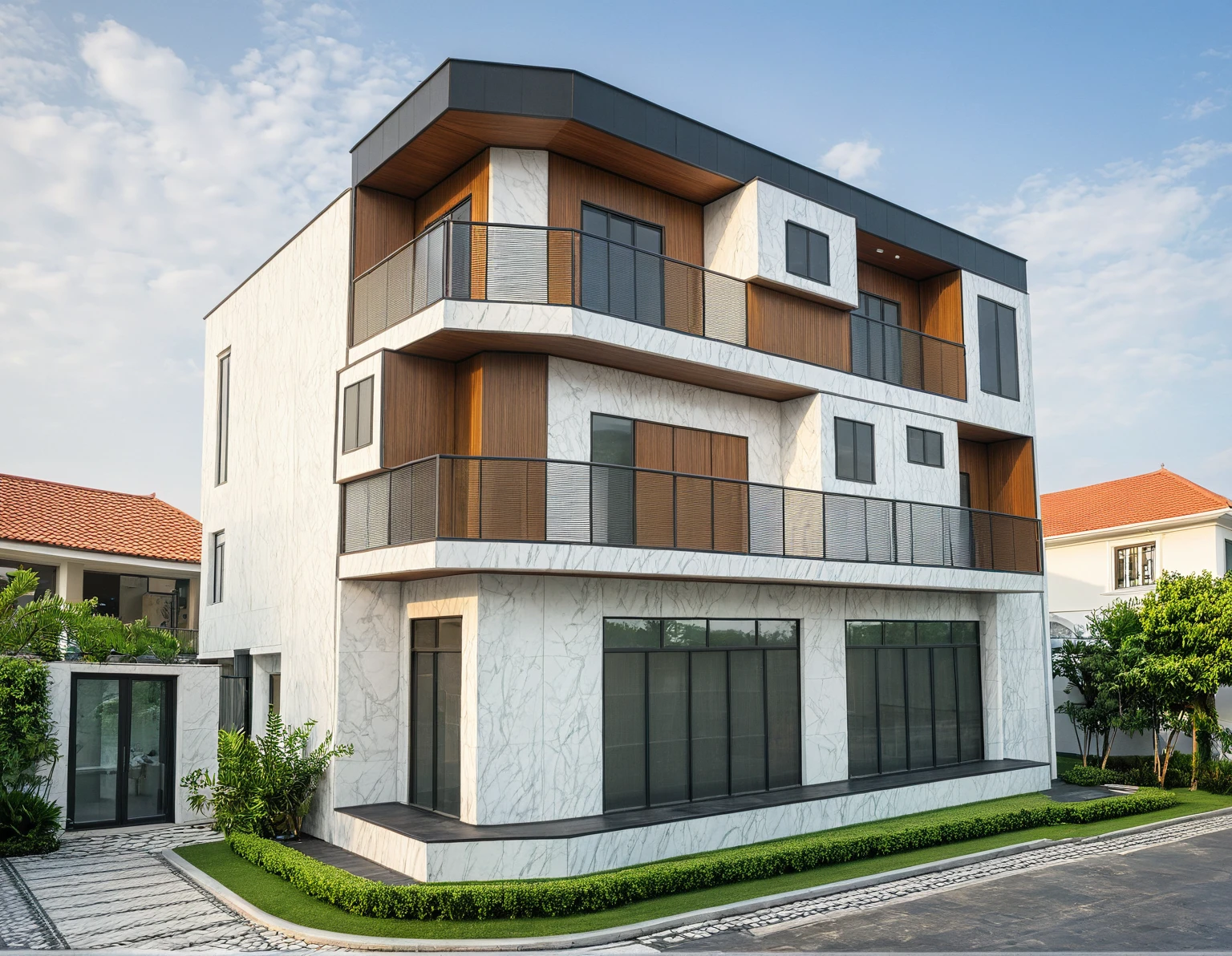 modern villa on street, (daylight), tropical tree, vivid colour, streetcapes, white tone, white wall, large glass door, warm interior lighting, wood and marble, best quality, 17ArchiAI_XL_VL-v1