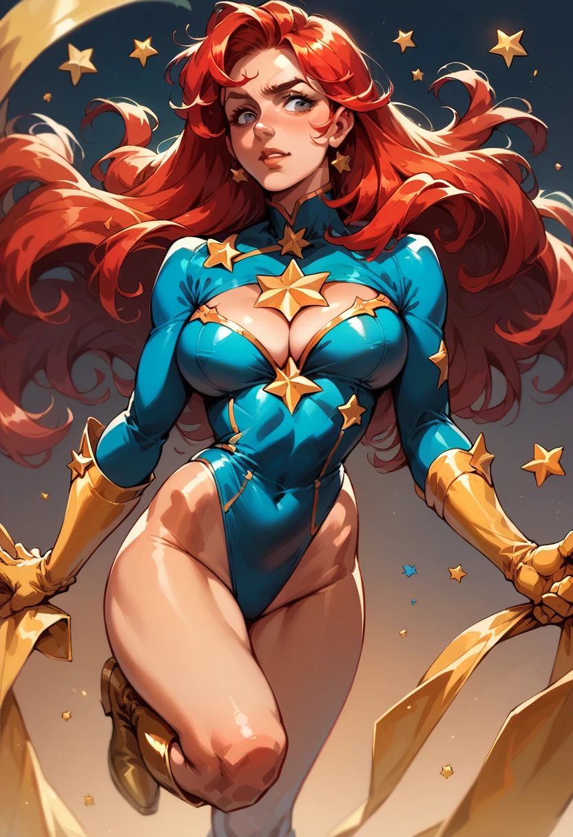 masterpiece,Sexy, Superheroine, Red hair, long hair, busty, ((blue highleg leotard with a t-back thong and a gold star insignia on chest)), gold boots, gold gloves, curvy, ((cleavage cutout)), anime