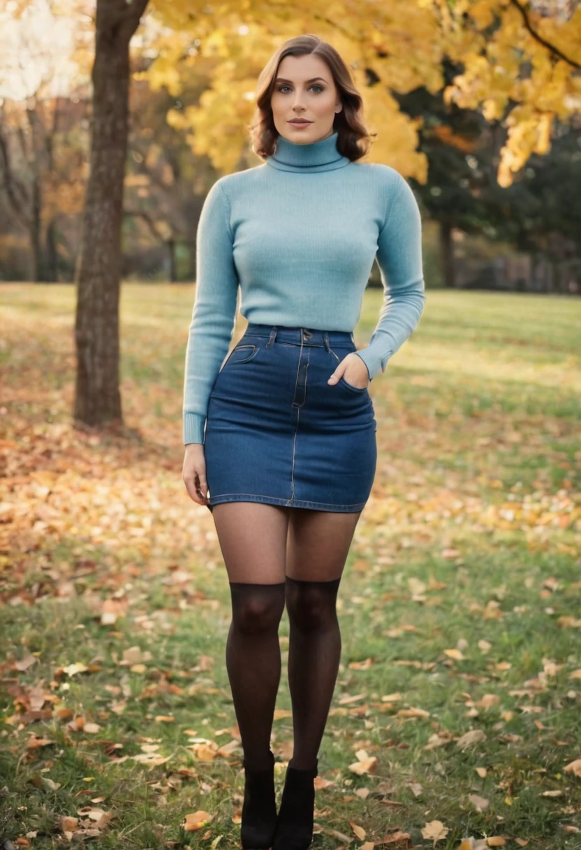 Full body shot of 1 beautiful woman in park, adult, large body, turtleneck sweater, (victorian mini denim skirt), tight skirt tall, 19th century photo, deep focus, vintage film grain, color correction retro style, soft lighting,
