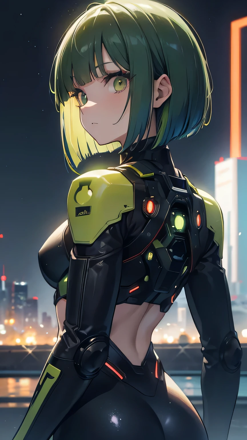 green hair, blunt bangs, bob cut, goggles on head, multicolored eyes, makeup, disgust, backlighting, masterpiece, accurate, super detail, award winning, highres, best quality, 8k, Cyberpunk, the world of science fiction movies, A Martian city in the year 2500, an android woman wearing a mechanic suit, Starry sky, meteor, from back