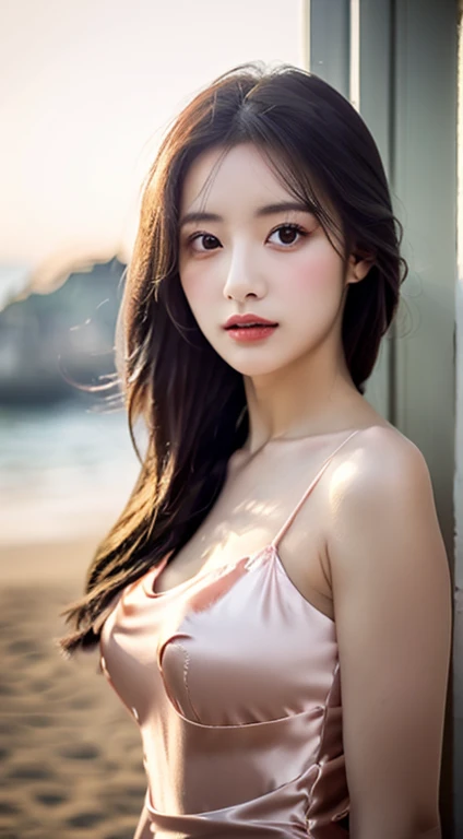 lndswgnr_v1.0, (Sharp Focus: 1.5), (Sharp Focus:1.2), Portrait, attractive young woman, (Beautiful face:1.1), Detailed eyes, luscious lips, (eye make up:1.2), (tight body:1.2), Wearing (Thin silk dresses:1.2) で (the beach:1.2). (morning sun lighting:1.2), depth of fields, Bokeh, 4K, nffsw. in door (by James C. Christensen:1.2|Jeremy Lipking:1.1).