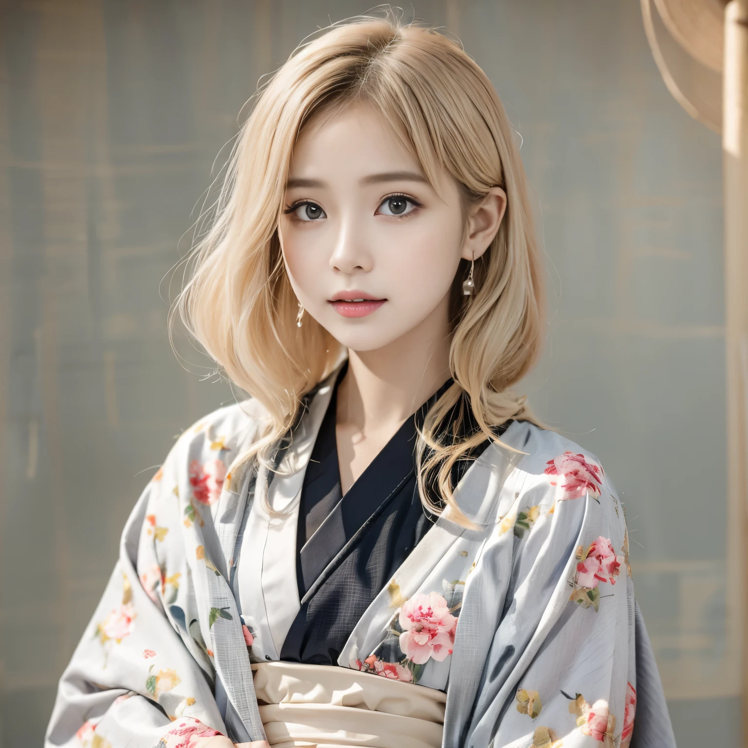 8K)、(Best image quality:1.5)、gray background、face close up、1girl、masterpiece、Delicate and sharp eyes、brown eyes、power of eyes、delicate face、cup、fascinating face、platinum blonde hair、Half length wave、Japanese-style kimono、white kimono、Kimono that shows the collarbone、female、collarbone emphasis、earring、