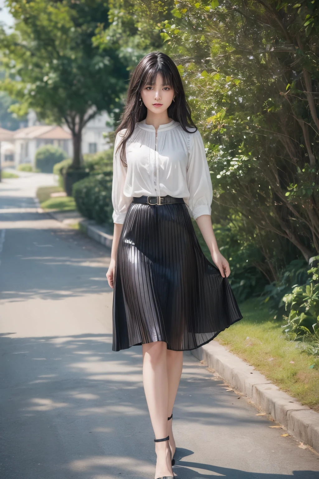 A woman in a white shirt and black plea skirt walking down a street ...