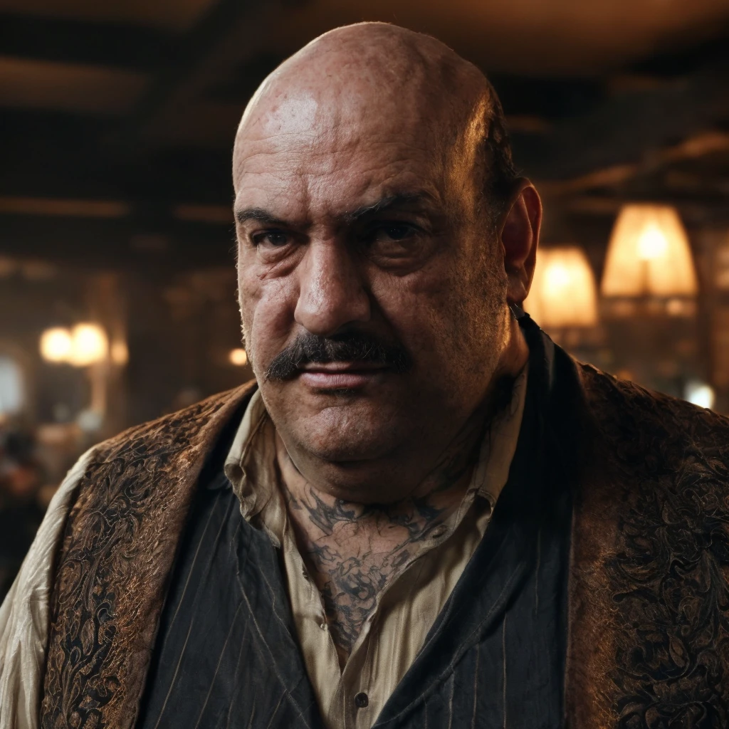 (masterpiece)+, (extremely (realistic)+,a portrait of an ugly adult male gipsy kingpin, balding, overweight, black whale moustache, receding hair, tattoos on neck and chest. proud greedy stare. Looking in camera. volumetrics dtx, Photorealistic, ultra detailed, Artstation trending, very very detailed, realistic shaded lighting, dynamic shadows, detailed Seedy tavern background, upper body, professional photograph of a detailed skin, sharp focus, dramatic, award winning, cinematic lighting, octane render, unreal engine, volumetrics dtx, Photorealistic, ultra detailed, Artstation trending, very very detailed, hyperrealistic, fine details, realistic shaded lighting, dynamic shadows, Seedy tavern background, add_detail:1, skin pores and wrinkles, details.,More Reasonable Details