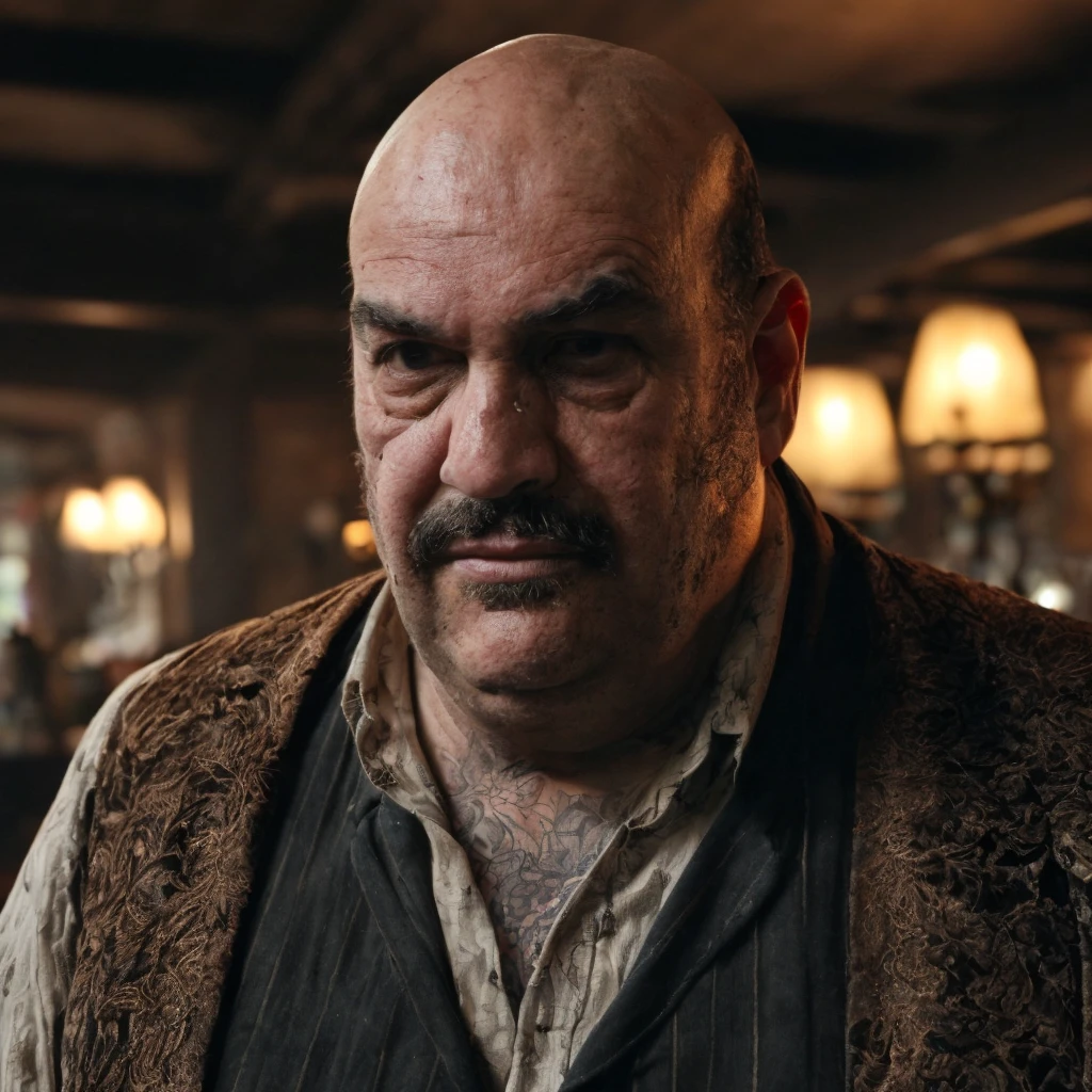 (masterpiece)+, (extremely (realistic)+,a portrait of an ugly adult male gipsy kingpin, balding, overweight, black whale moustache, receding hair, tattoos on neck and chest. proud greedy stare. Looking in camera. volumetrics dtx, Photorealistic, ultra detailed, Artstation trending, very very detailed, realistic shaded lighting, dynamic shadows, detailed Seedy tavern background, upper body, professional photograph of a detailed skin, sharp focus, dramatic, award winning, cinematic lighting, octane render, unreal engine, volumetrics dtx, Photorealistic, ultra detailed, Artstation trending, very very detailed, hyperrealistic, fine details, realistic shaded lighting, dynamic shadows, Seedy tavern background, add_detail:1, skin pores and wrinkles, details.,More Reasonable Details