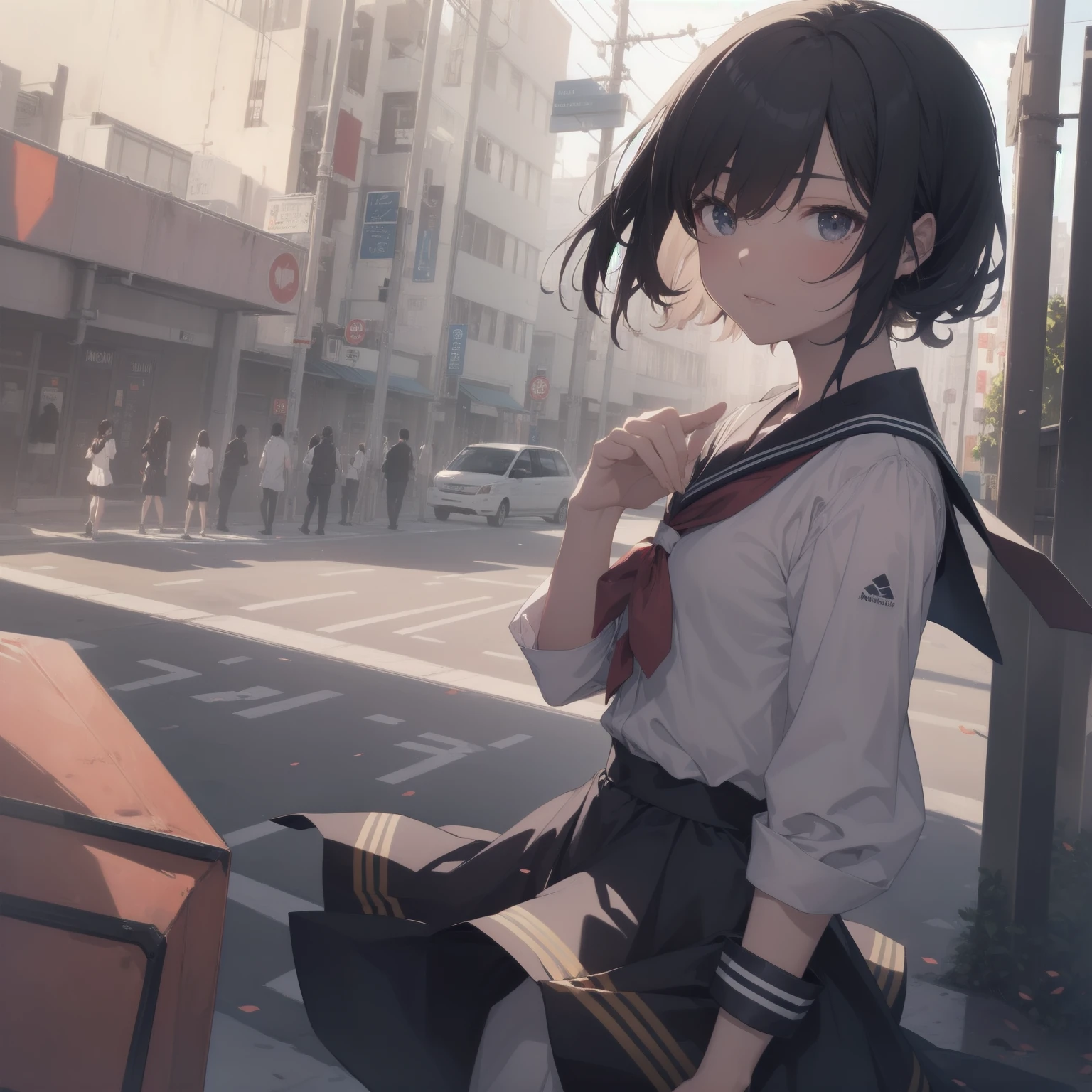 ultra-absurdres-Top quality by artist God, ultra-detailed, high resolution, anime moe artstyle, best anime 8k konachan wallpaper, pixiv contest winner, pool:2810, perfect anatomy,break, 1girl, (Please draw a girl walking sleepily to school alone. )break,(Solo,little female, -yeld:1.Full limbs, complete fingers,a junior hihort hair), short cut, flat chest, , small butt, small black eyes, beautiful detailed eyes, well-proportioned iris and pupils, expressive eyes, highres detailed hair, soft expression, salor school_uniform, sailor collar, serahuku, bow, pleated skirt,(Detailed Lighting), (Detailed background), in the School commute route. break,super detailed skin, Best cinematic lighting powered by famous artist, 8k,beauty illustration,photoshop_(medium),very aesthetic,break,((artist:sumiyao_(amam) )), artist:clamp ,artist:carnelian ,artist:kantoku ,