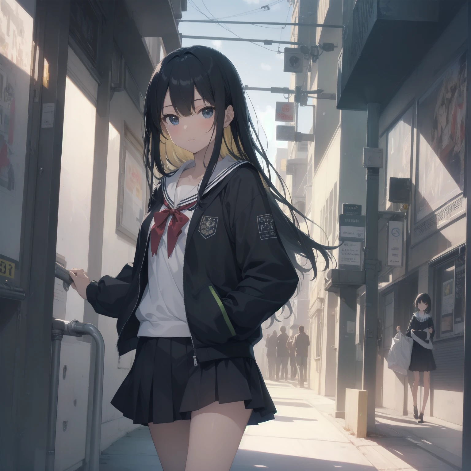 ultra-absurdres-Top quality by artist God, ultra-detailed, high resolution, anime moe artstyle, best anime 8k konachan wallpaper, pixiv contest winner, pool:2810, perfect anatomy,break, 1girl, (Please draw a girl walking sleepily to school alone. )break,(Solo,little female, 13-year-old:1.3),Full limbs, complete fingers,a junior high school student, (very short hair), short cut, flat chest, , small butt, small black eyes, beautiful detailed eyes, well-proportioned iris and pupils, expressive eyes, highres detailed hair, soft expression, salor school_uniform, sailor collar, serahuku, bow, pleated skirt,(Detailed Lighting), (Detailed background), in the School commute route. break,super detailed skin, Best cinematic lighting powered by famous artist, 8k,beauty illustration,photoshop_(medium),very aesthetic,break,((artist:sumiyao_(amam) )), artist:clamp ,artist:carnelian ,artist:kantoku ,
