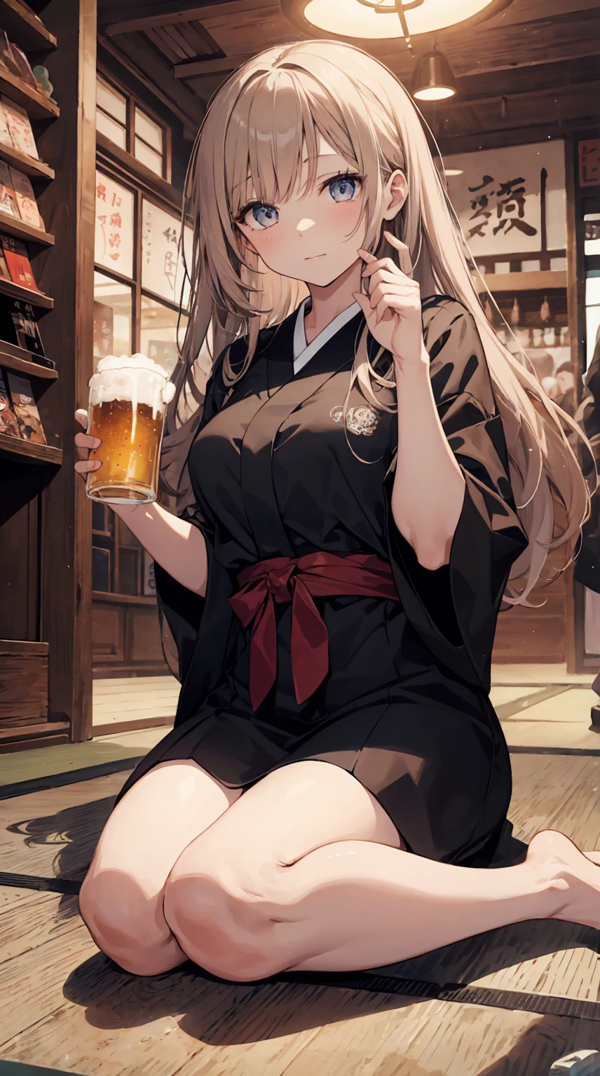 This illustration depicts a cute girl drinking beer at an izakaya. She holds a glass of beer in her hand and her eyes sparkle. The inside of the store is a traditional Japanese izakaya, with tatami mat floors and signs hanging on the walls. However, the most noteworthy thing is the "last mysterious high-energy body" she emits. This energy body is released from her body and has the power to obliterate the garbage in the store. The pale light reaches every corner of the room. A girl with a satisfied expression is sitting from the window. It's evening, dressed after work.