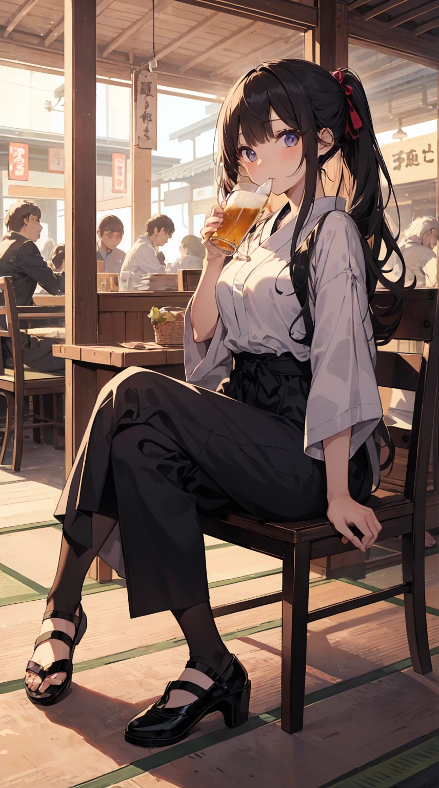 This illustration depicts a cute girl drinking beer at an izakaya. She holds a glass of beer in her hand and her eyes sparkle. The inside of the store is a traditional Japanese izakaya, with tatami mat floors and signs hanging on the walls. However, the most noteworthy thing is the "last mysterious high-energy body" she emits. This energy body is released from her body and has the power to obliterate the garbage in the store. The pale light reaches every corner of the room. A girl with a satisfied expression is sitting from the window. It's evening, dressed after work.
