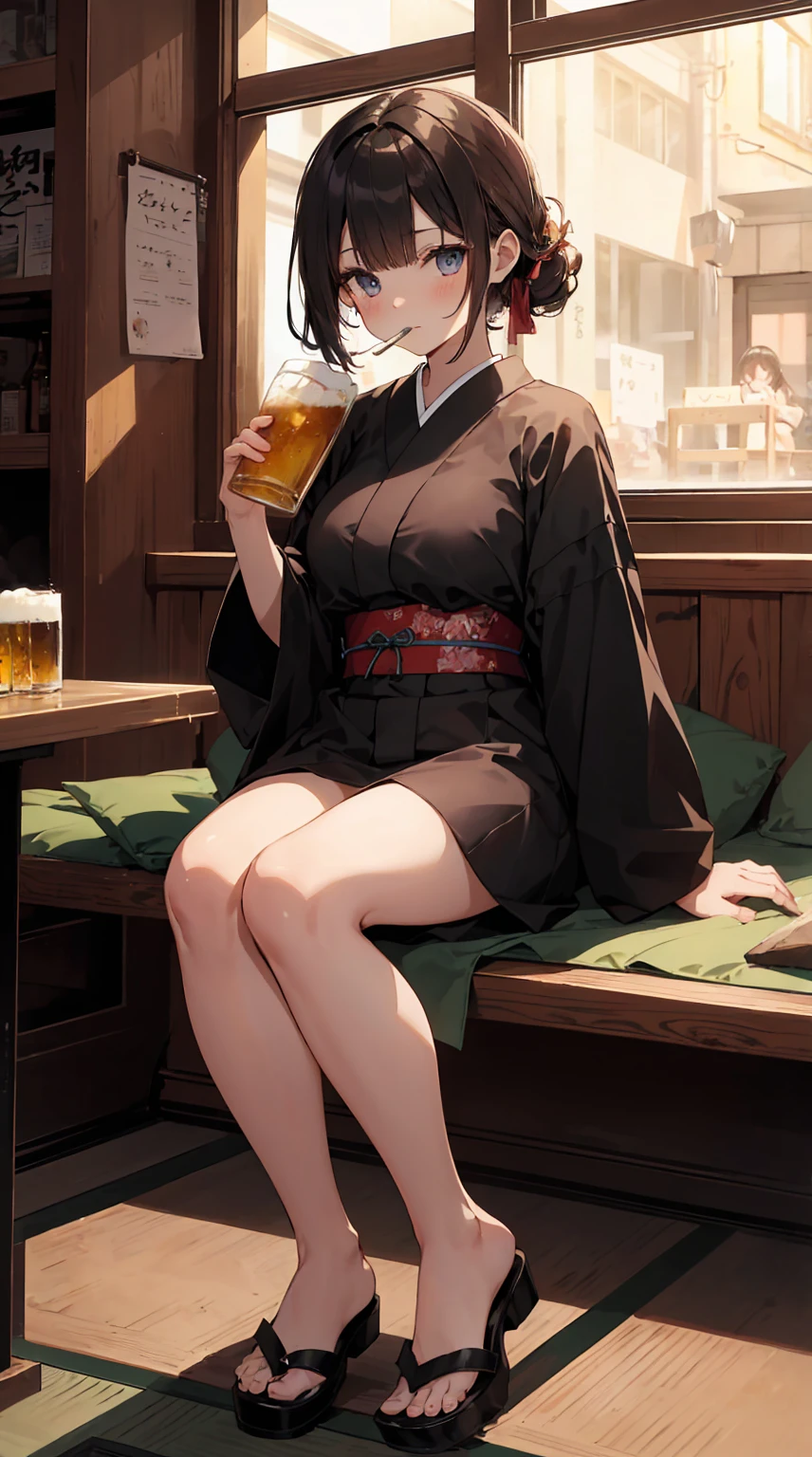This illustration depicts a cute girl drinking beer at an izakaya. She holds a glass of beer in her hand and her eyes sparkle. The inside of the store is a traditional Japanese izakaya, with tatami mat floors and signs hanging on the walls. However, the most noteworthy thing is the "last mysterious high-energy body" she emits. This energy body is released from her body and has the power to obliterate the garbage in the store. The pale light reaches every corner of the room. A girl with a satisfied expression is sitting from the window. It's evening, dressed after work.
