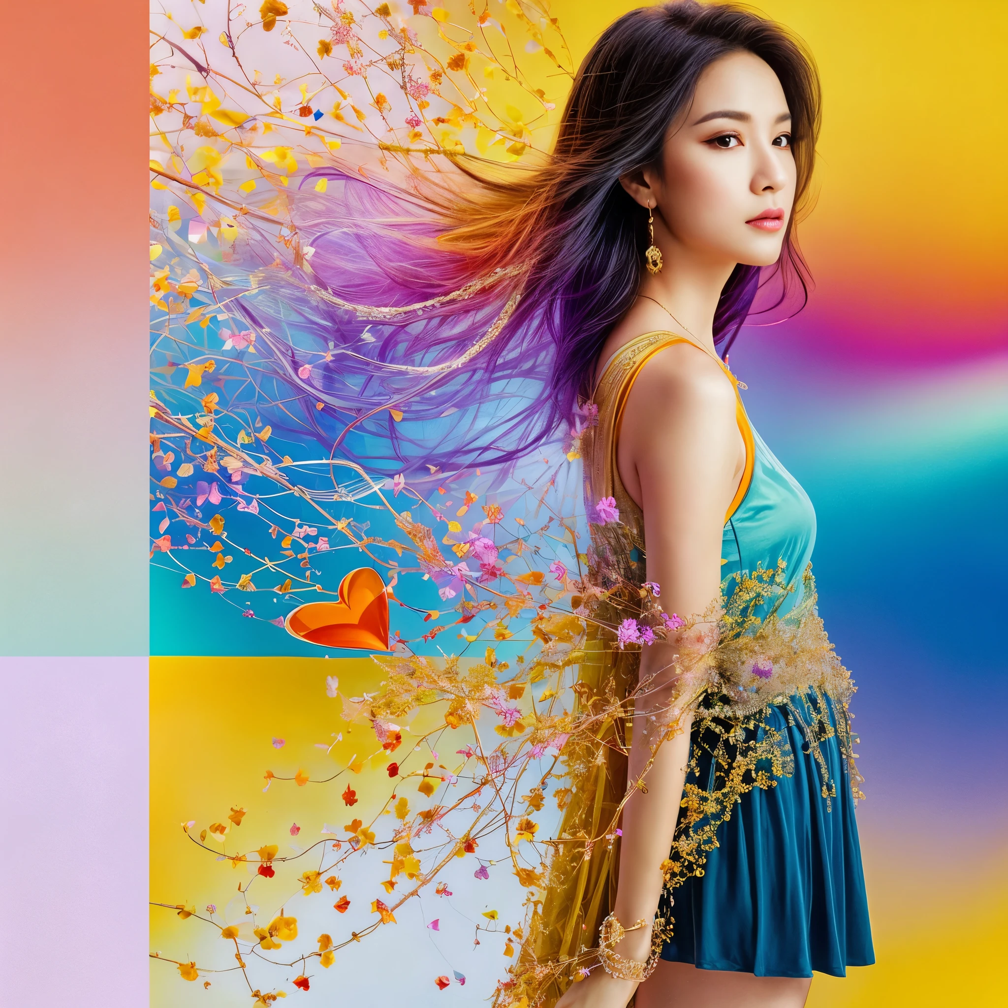 real photograph, (masterpiece), (highest quality), (Super detailed), (black straight long hair), (shape), (one japanese girl), (chiffon frill bikini), Chiffon catsuit, sitting down, Fashion Model, (simple cyaan yellow pink background), fine and beautiful eyes, pretty faced,  floating, (high color saturation),  focus on face, best writing, best shadow,