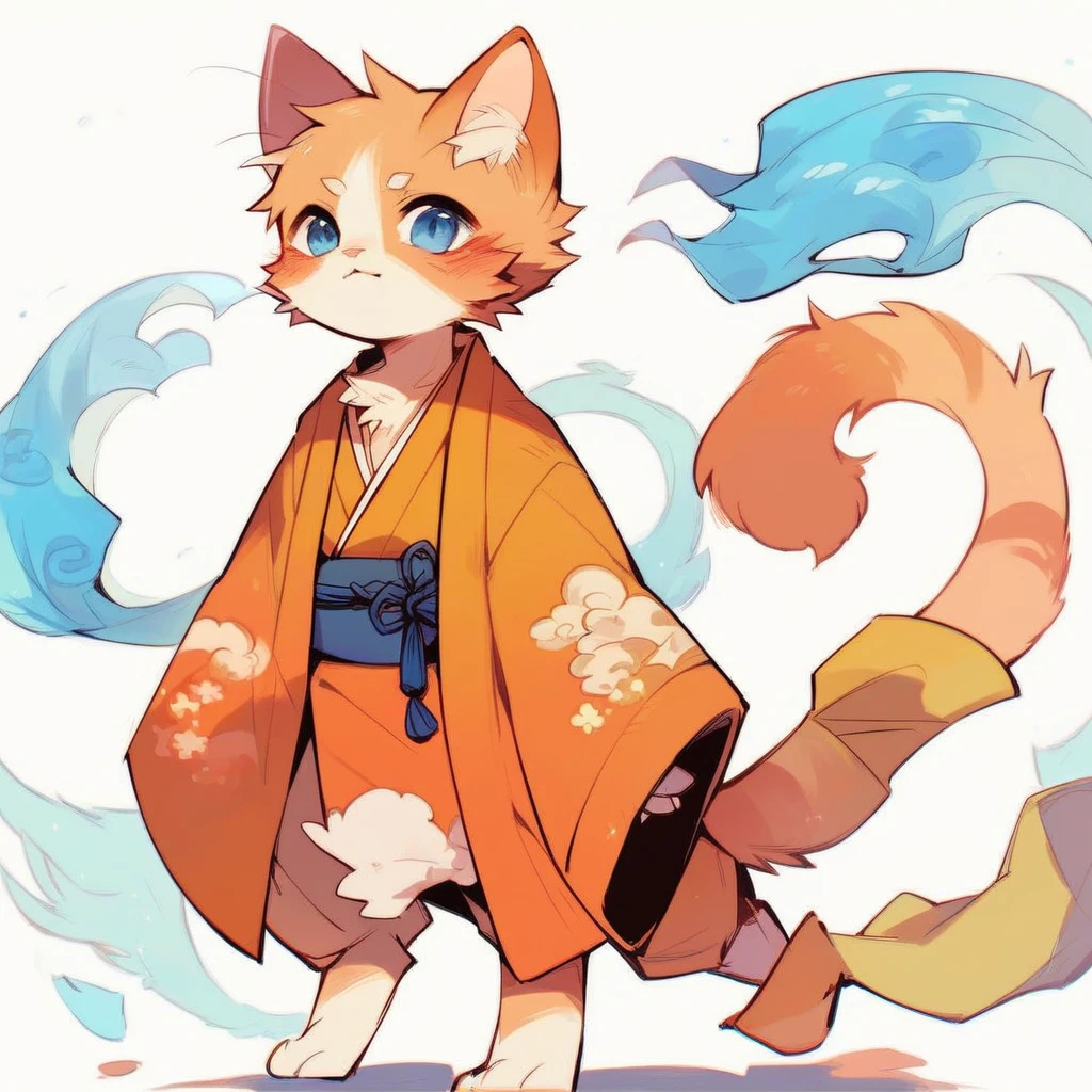 a tabby cat with a soft, fluffy coat, with bright blue eyes that reflect an innate curiosity. He wears a feudal Japanese costume, known as &#39;hakama&#39;, of an intense red that contrasts with its fur. The hakama flows elegantly with every movement, and is adorned with traditional motifs that evoke the samurai era. This cat is not ordinary; It has two mystical tails that end in blue and orange flames, dancing like living torches that illuminate their path.