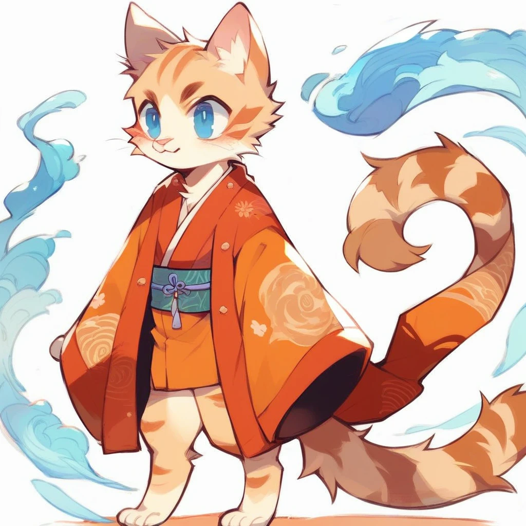 a tabby cat with a soft, fluffy coat, with bright blue eyes that reflect an innate curiosity. He wears a feudal Japanese costume, known as &#39;hakama&#39;, of an intense red that contrasts with its fur. The hakama flows elegantly with every movement, and is adorned with traditional motifs that evoke the samurai era. This cat is not ordinary; It has two mystical tails that end in blue and orange flames, dancing like living torches that illuminate their path.