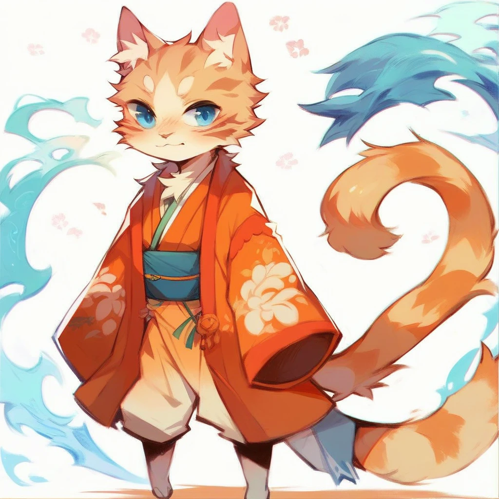 a tabby cat with a soft, fluffy coat, with bright blue eyes that reflect an innate curiosity. He wears a feudal Japanese costume, known as &#39;hakama&#39;, of an intense red that contrasts with its fur. The hakama flows elegantly with every movement, and is adorned with traditional motifs that evoke the samurai era. This cat is not ordinary; It has two mystical tails that end in blue and orange flames, dancing like living torches that illuminate their path.