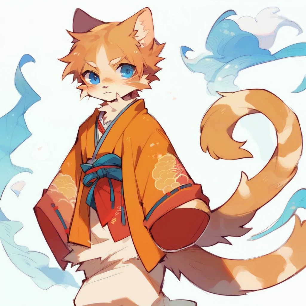 a tabby cat with a soft, fluffy coat, with bright blue eyes that reflect an innate curiosity. He wears a feudal Japanese costume, known as &#39;hakama&#39;, of an intense red that contrasts with its fur. The hakama flows elegantly with every movement, and is adorned with traditional motifs that evoke the samurai era. This cat is not ordinary; It has two mystical tails that end in blue and orange flames, dancing like living torches that illuminate their path.