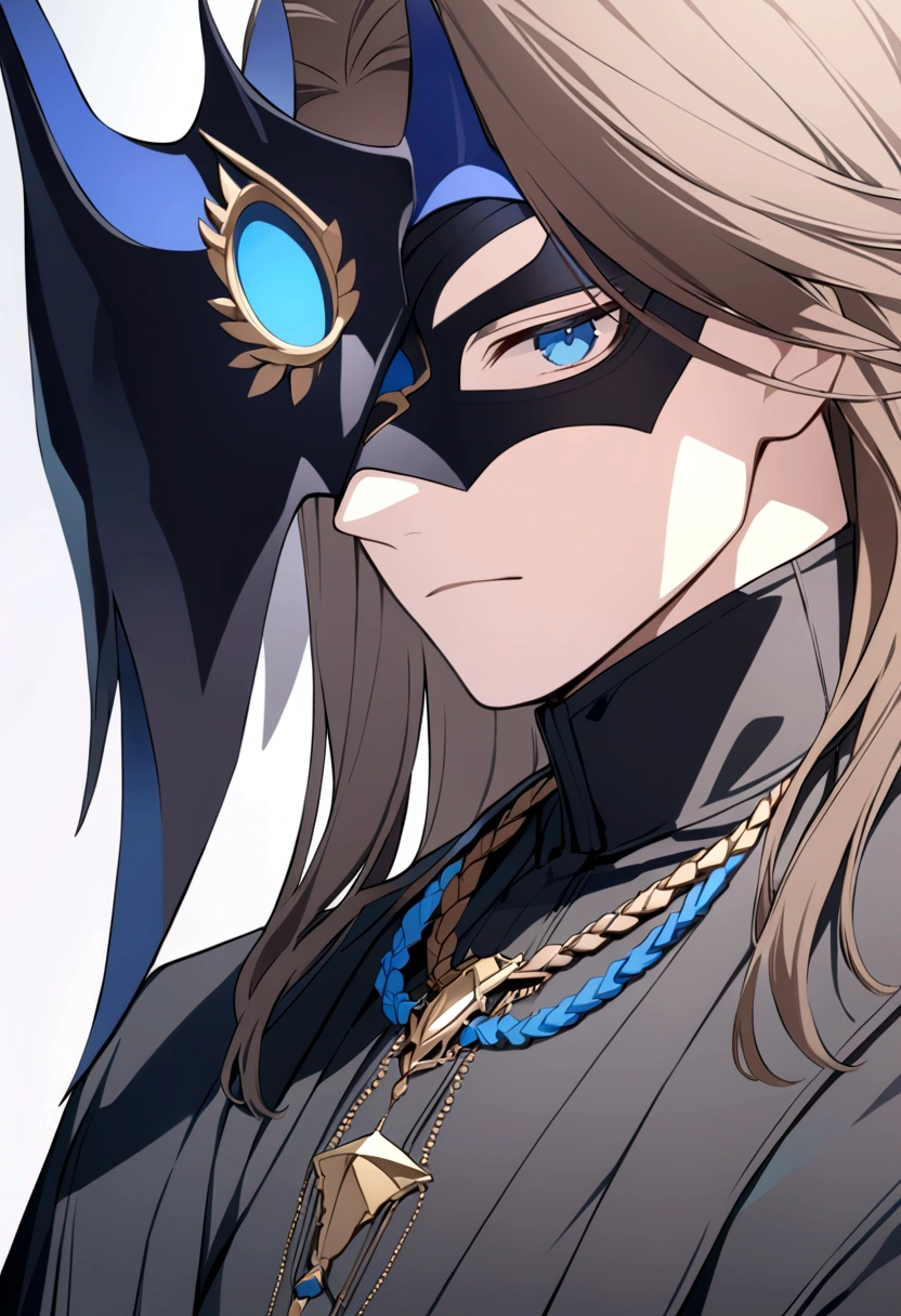 (man in half mask)(blue color)(blue eyes) brown hair)(blue horns)(Dressed in black)