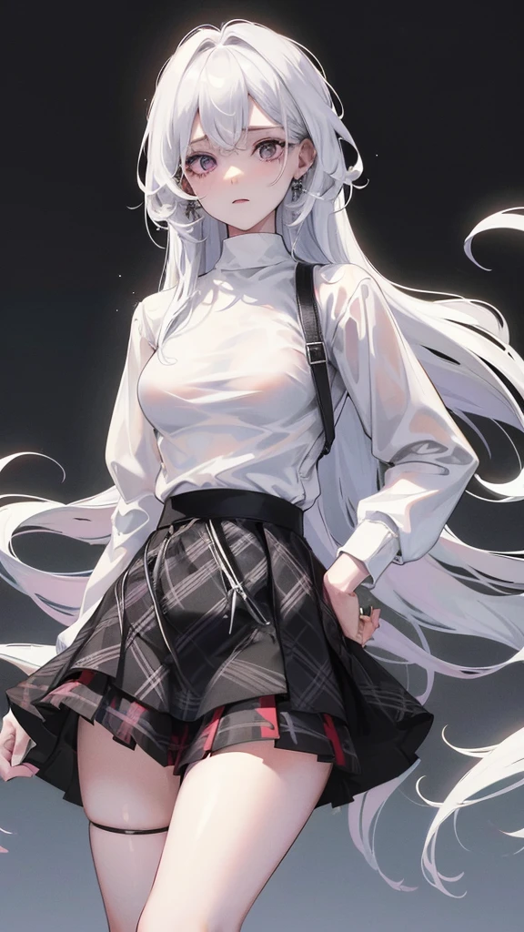 Photograph of the upper body of a beautiful woman, , [see through](white shirt:1.47),(Black plaid knee-length skirt:1.47),(open black sweater:1.47) big breasts, (small waist, perfect body), earring, Sharp focus, (tall body, mature woman), ((Looking ahead)), (Highly detailed skin, hair follicles:1.4,white skin) (long white hair,purple eyes) wear glasses, Looks embarrassed.