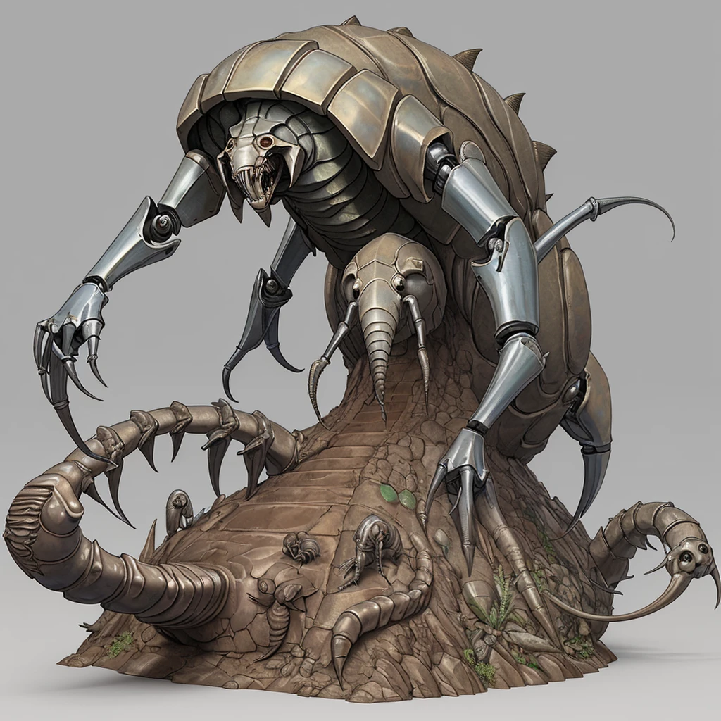 3D CAD drawings, three-dimensional drawings, toys, one piece, full-body images, ancient creatures, ancient fish, Cambrian period, Anomalocaris, trilobite, ammonite, giant isopod, horseshoe crab, scorpion, tentacles, fossil, marble, image integration, body using skeleton, underground people invasion mecha, steampunk style, adorable design, 3D rendering, digital image.