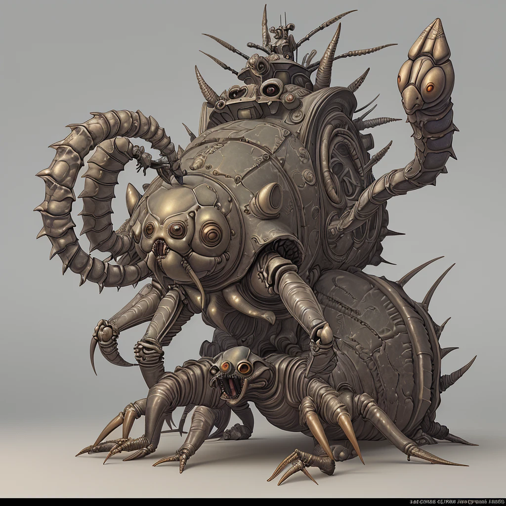 3D CAD drawings, three-dimensional drawings, toys, one piece, full-body images, ancient creatures, ancient fish, Cambrian period, Anomalocaris, trilobite, ammonite, giant isopod, horseshoe crab, scorpion, tentacles, fossil, marble, image integration, body using skeleton, underground people invasion mecha, steampunk style, adorable design, 3D rendering, digital image.