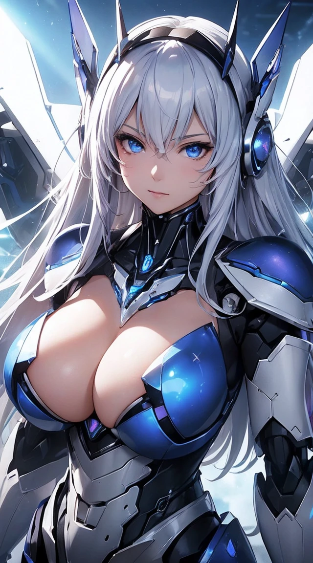 ((Extreme close up:1.6))、(((Lenses shining on both breasts:1.3)))、((Blue pillars of light radiate from both of his chests..:1.3))、break、(((Dynamic pose:1.8)))、smile、((8K)), ((32k)), ((Highest quality)), ((masterpiece)), ((超A high resolution)), ((Tmasterpiece)), ((Halation:1.4))、((Mechaニカルheadgear:1.2))、((Cyber Headphones:1.3))Fine skin, High quality fabric, High-quality metal texture、((Beautiful and dense face))、RAW Photos、Professional, Ultra-fine painting, ((alone)), Beautiful breasts、Highest quality, Very detailed, Very detailed詳細, Finer details, so beautiful, ((Princess Knight Robot:1.2)),  (Joint of the machine, Mechanical Limbs:1.3), (The internal structure of the machine is exposed:1.3), (Long silver hair:1.1), (Beautiful and huge mechanical breasts)、White Veil, cowboy_shot, Side Focus, headgear, Shiny、(Five Fingers, Four fingers and thumb),Concept Art, Anime fantasy artwork, Detailed fantasy art, (with pale blue-violet hair and large white wings,,,,,,,,), (((Long silver hair))), (Mecha:1.6)、Sleek and intimidating design, ((Commander-in-Chief&#39;arm)), (Perfect robot body)、純白と青紫のarmまたは, Symmetrical wings, 8K High Resolution, Detailed Art, 3D rendering of character art in 8K, neat legs, Defined, Defined fingers,((headshot:1.3))