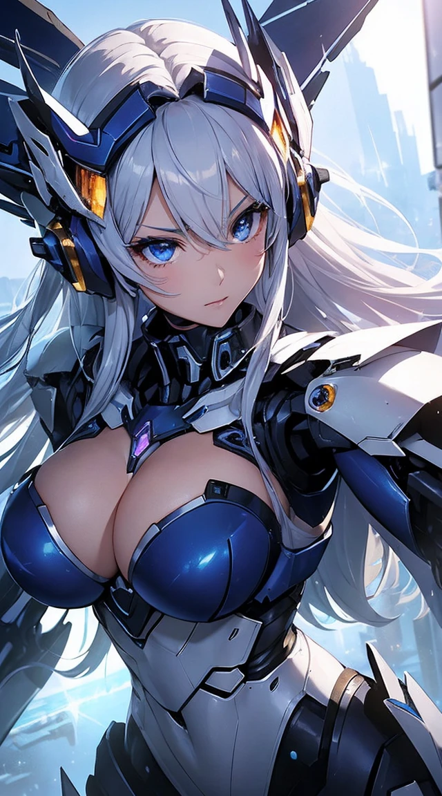 ((Extreme close up:1.6))、(((Lenses shining on both breasts:1.3)))、((Blue pillars of light radiate from both of his chests..:1.3))、break、(((Dynamic pose:1.8)))、smile、((8K)), ((32k)), ((Highest quality)), ((masterpiece)), ((超A high resolution)), ((Tmasterpiece)), ((Halation:1.4))、((Mechaニカルheadgear:1.2))、((Cyber Headphones:1.3))Fine skin, High quality fabric, High-quality metal texture、((Beautiful and dense face))、RAW Photos、Professional, Ultra-fine painting, ((alone)), Beautiful breasts、Highest quality, Very detailed, Very detailed詳細, Finer details, so beautiful, ((Princess Knight Robot:1.2)),  (Joint of the machine, Mechanical Limbs:1.3), (The internal structure of the machine is exposed:1.3), (Long silver hair:1.1), (Beautiful and huge mechanical breasts)、White Veil, cowboy_shot, Side Focus, headgear, Shiny、(Five Fingers, Four fingers and thumb),Concept Art, Anime fantasy artwork, Detailed fantasy art, (with pale blue-violet hair and large white wings,,,,,,,,), (((Long silver hair))), (Mecha:1.6)、Sleek and intimidating design, ((Commander-in-Chief&#39;arm)), (Perfect robot body)、純白と青紫のarmまたは, Symmetrical wings, 8K High Resolution, Detailed Art, 3D rendering of character art in 8K, neat legs, Defined, Defined fingers,((headshot:1.3))