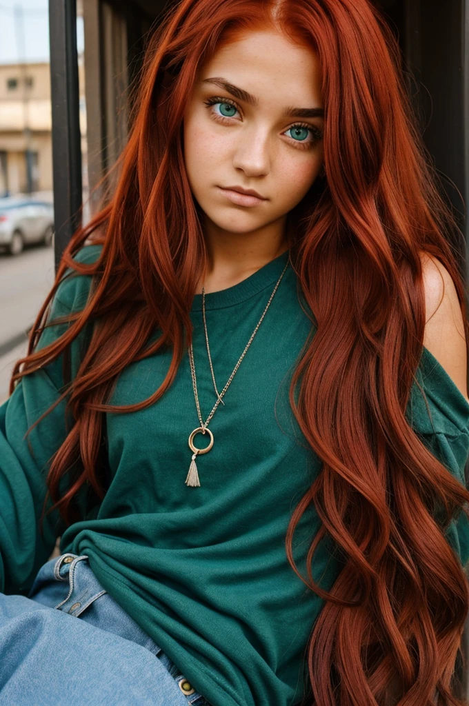 22 year old girl, con baggy eyes, BROWN SKIN, red hair with blue dyed tips, green eyes, parts, alternative clothing, perforations, small droopy nose, gypsy descent, baggy eyes