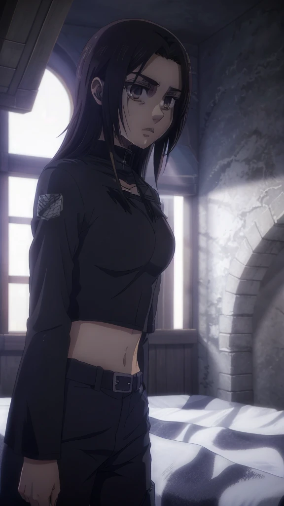 Make a girl tall 6'2,Hair black mix Brown,Eyes color Havel, Skin pale, Survey Corps shirt and pants season 4,Odm gear modern anime grab sword, and eyes bags ,Wall maria background 
, Paradise girl 