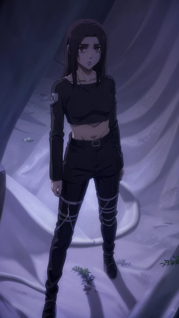 Make a girl tall 6'2,Hair black mix Brown,Eyes color Havel, Skin pale, Survey Corps shirt and pants season 4,Odm gear modern anime grab sword, and eyes bags ,Wall maria background 
, Paradise girl 