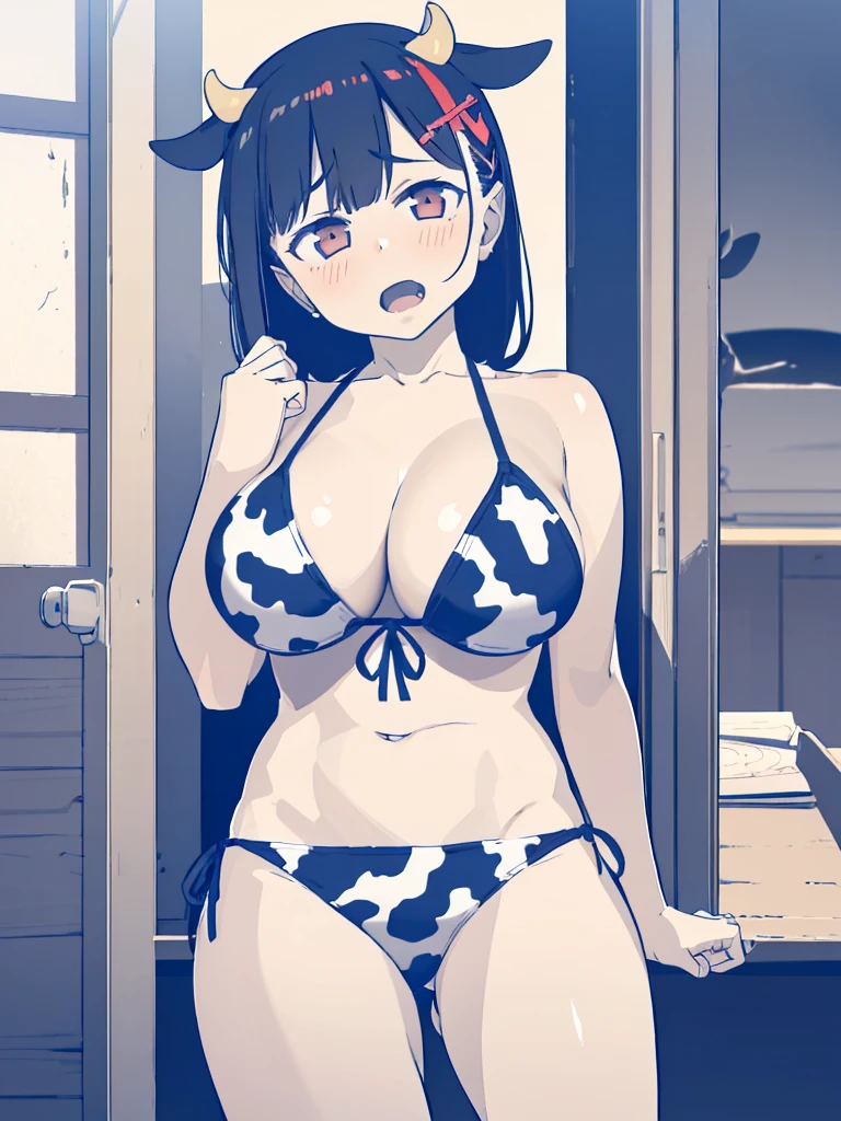 1girl,absurdres,animal_ears,animal_print,aoi_zerii,bikini,black_hair,blush,breasts,cleavage,cow_ears,cow_print,cow_print_bikini,fake_animal_ears,fang,from_below,grey_hair,hair_ornament,highres,hololive,large_breasts,looking_at_viewer,medium_hair,multicolored_hair,navel,open_mouth,print_bikini,red_eyes,sakamata_chloe,side-tie_bikini_bottom,solo,streaked_hair,swimsuit,thighs,virtual_youtuber,x_hair_ornament, best quality, masterpiece, nai3