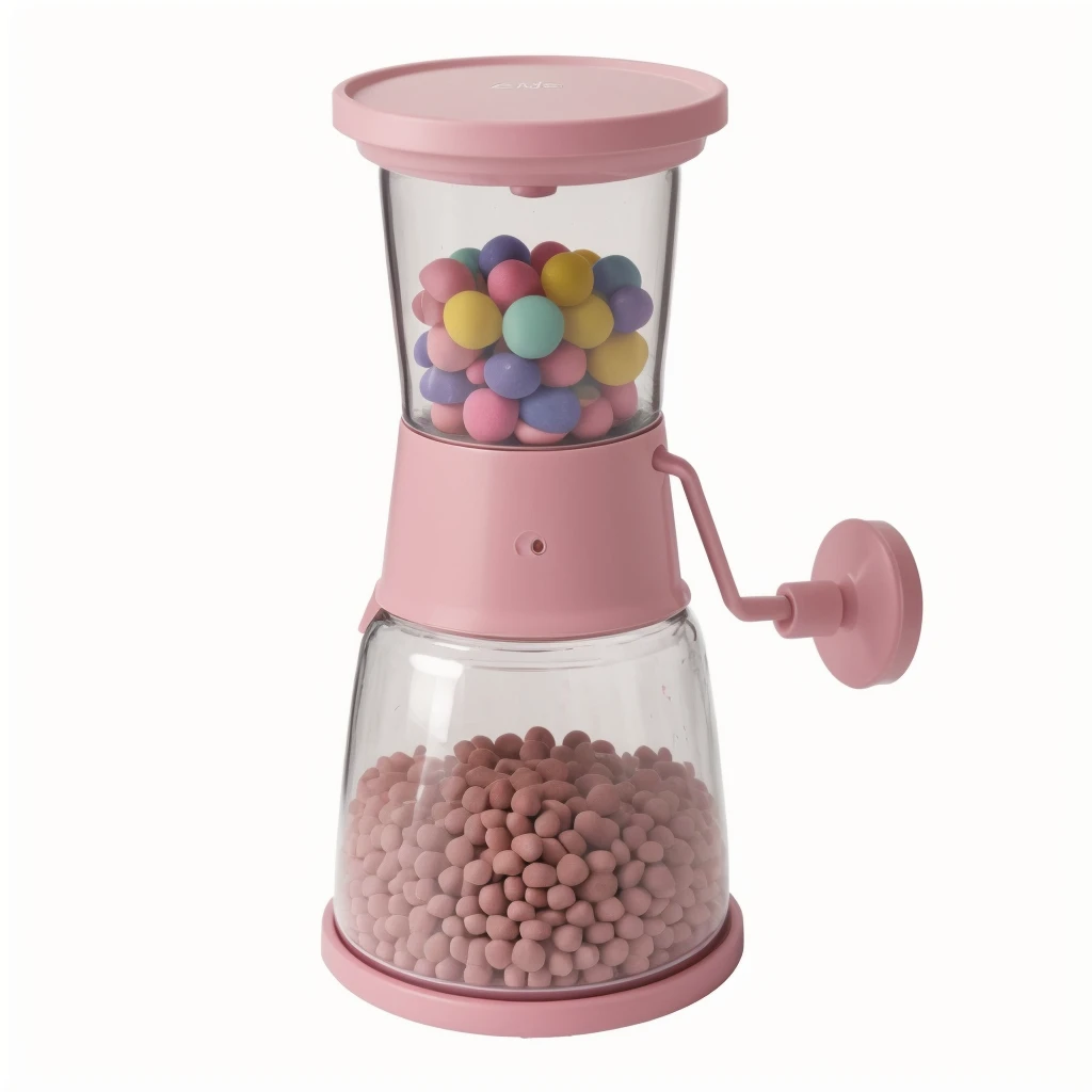 on the white background, pink toy grinder, large cnadies dragee in the top, tiny sprinkles in the bottom, realistic texture, realistic style, detailed texture, high quality, high resolution, high quality rendering, realistic photo, brightning light, macro photo, ultra hd 4k