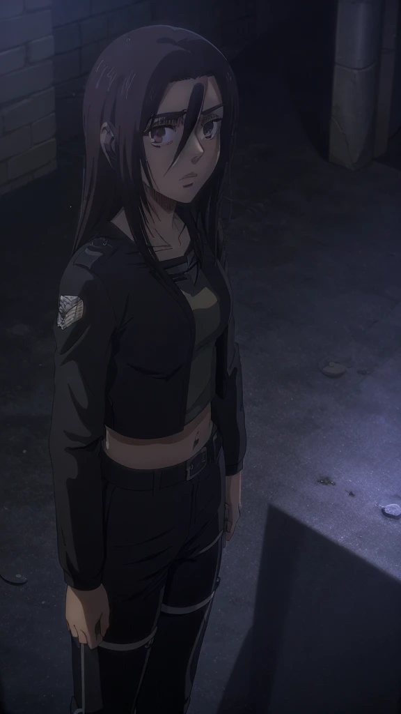 Make a girl tall 6'2,Hair black mix Brown,Eyes color Havel, Skin pale, Survey Corps shirt and pants season 4,Odm gear modern anime grab sword, and eyes bags ,Wall maria background
, Paradise girl