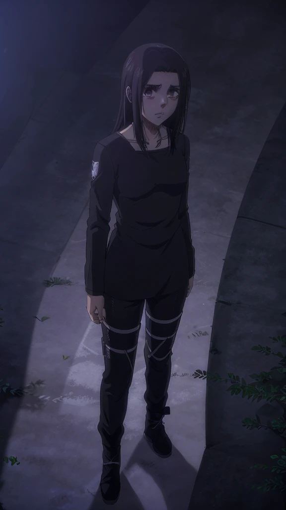 Make a girl tall 6'2,Hair black mix Brown,Eyes color Havel, Skin pale, Survey Corps shirt and pants season 4,Odm gear modern anime grab sword, and eyes bags ,Wall maria background
, Paradise girl