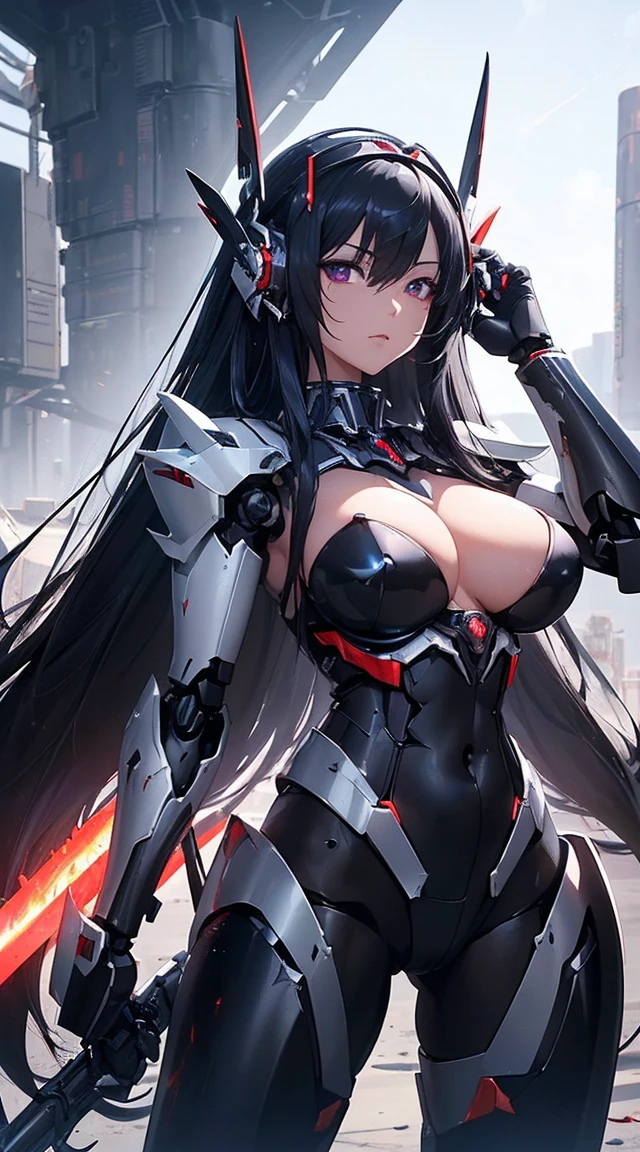 ((Shining lenses on both breasts:1.3))、((Pillars of red light radiate from both chests..:1.3))、((Attack pose:1.6))、((He has a red sword and a long rifle:1.6))、((Battle Scenes:1.8))、((8K)), ((32k)), ((Highest quality)), ((masterpiece)), ((超A high resolution)), ((Tmasterpiece)), ((Halation:1.4))、((Mechaニカルheadgear:1.2))、((Cyber Headphones:1.3))Fine skin, High quality fabric, High-quality metal texture、((Beautiful and dense face))、RAW Photos、Professional, Ultra-fine painting, ((alone)), Beautiful breasts、Highest quality, Very detailed, Very detailed詳細, Finer details, so beautiful, ((Black Knight Robot:1.2)),  (Joint of the machine, Mechanical Limbs:1.3), (The internal structure of the machine is exposed:1.3), (Long black hair:1.1), (Beautiful and huge mechanical breasts)、White Veil, cowboy_shot, Side Focus, headgear, Shiny、(Five Fingers, Four fingers and thumb),Concept Art, Anime fantasy artwork, Detailed fantasy art, (Has light blue-purple hair and black wings,,,,,,), (((Long black hair))), (Mecha:1.6)、Sleek and intimidating design,  (Jet black perfect robot body)、Jet black and reddish purple arms, Symmetrical wings, 8K High Resolution, Detailed Art, 3D rendering of character art in 8K, neat legs, Defined, Defined fingers,((headshot:1.6))