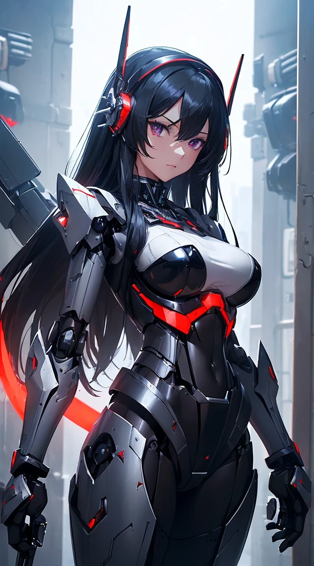 ((Shining lenses on both breasts:1.3))、((Pillars of red light radiate from both chests..:1.3))、((Attack pose:1.6))、((He has a red sword and a long rifle:1.6))、((Battle Scenes:1.8))、((8K)), ((32k)), ((Highest quality)), ((masterpiece)), ((超A high resolution)), ((Tmasterpiece)), ((Halation:1.4))、((Mechaニカルheadgear:1.2))、((Cyber Headphones:1.3))Fine skin, High quality fabric, High-quality metal texture、((Beautiful and dense face))、RAW Photos、Professional, Ultra-fine painting, ((alone)), Beautiful breasts、Highest quality, Very detailed, Very detailed詳細, Finer details, so beautiful, ((Black Knight Robot:1.2)), (Joint of the machine, Mechanical Limbs:1.3), (The internal structure of the machine is exposed:1.3), (Long black hair:1.1), (Beautiful and huge mechanical breasts)、White Veil, cowboy_shot, Side Focus, headgear, Shiny、(Five Fingers, Four fingers and thumb),Concept Art, Anime fantasy artwork, Detailed fantasy art, (Has light blue-purple hair and black wings,,,,,,), (((Long black hair))), (Mecha:1.6)、Sleek and intimidating design, (Jet black perfect robot body)、Jet black and reddish purple arms, Symmetrical wings, 8K High Resolution, Detailed Art, 3D rendering of character art in 8K, neat legs, Defined, Defined fingers,((headshot:1.6))