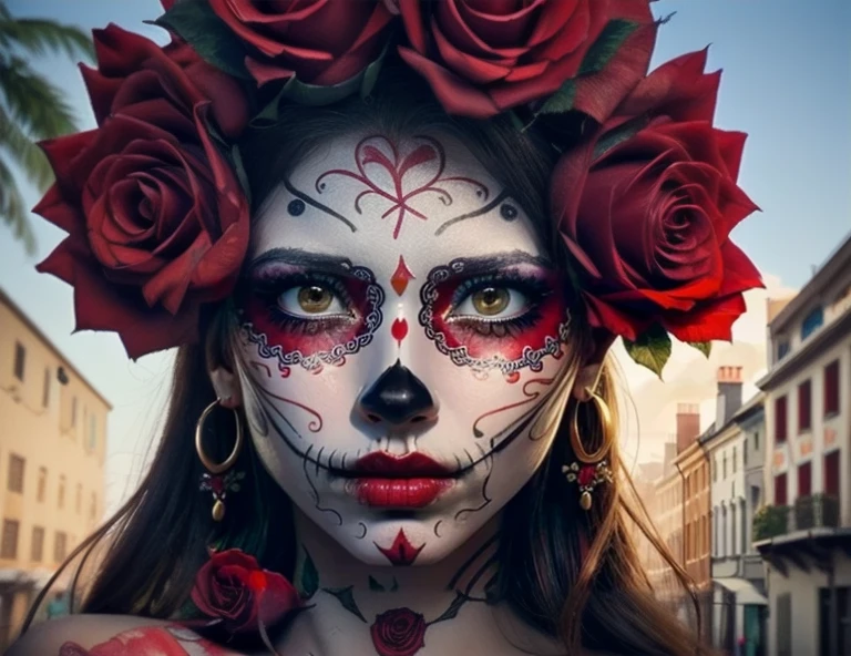 la catrina with crown made of red roses, many details on his painted face due to the day of the dead in Mexico