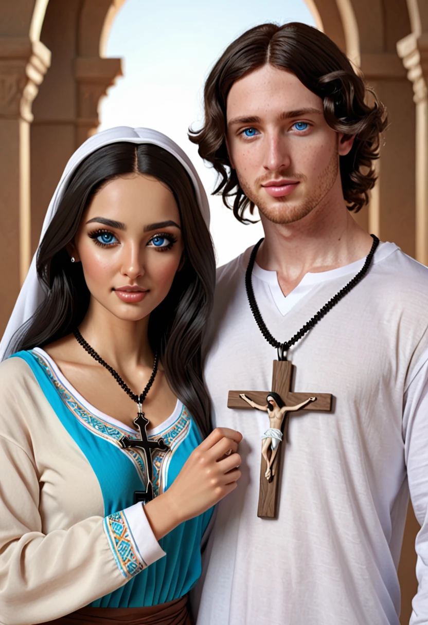 Create a couple made up of a woman with dark hair, light skin, blue eyes and Arabic features wearing novice clothes with a crucifix around her neck, and a white man with short wavy dark hair, light skin, brown eyes and white clothes with objects of Umbanda facing each other realistic